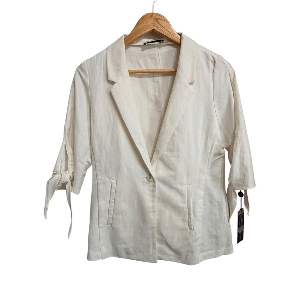 Coastal‎ Linen Blend Tie Sleeve Blazer Lola and Sophie Eggshell White XS W7867